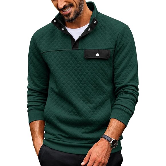 Men's Sweatshirt Quarter Button Pullover Sweatshirt Stand Collar Polo Green - Picture 1 of 5